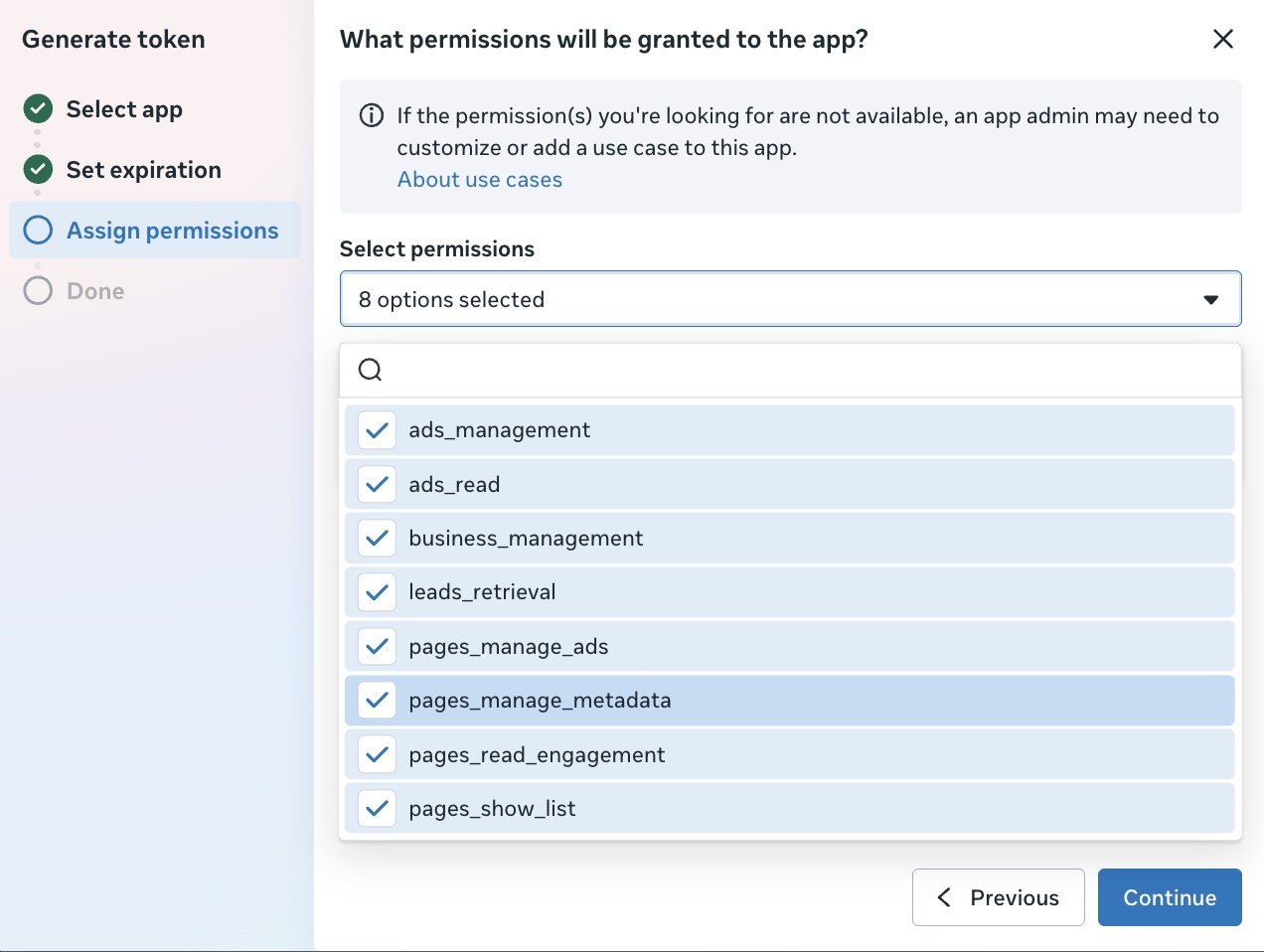 Generate token - Assign permissions step with the 8 required scopes ticked